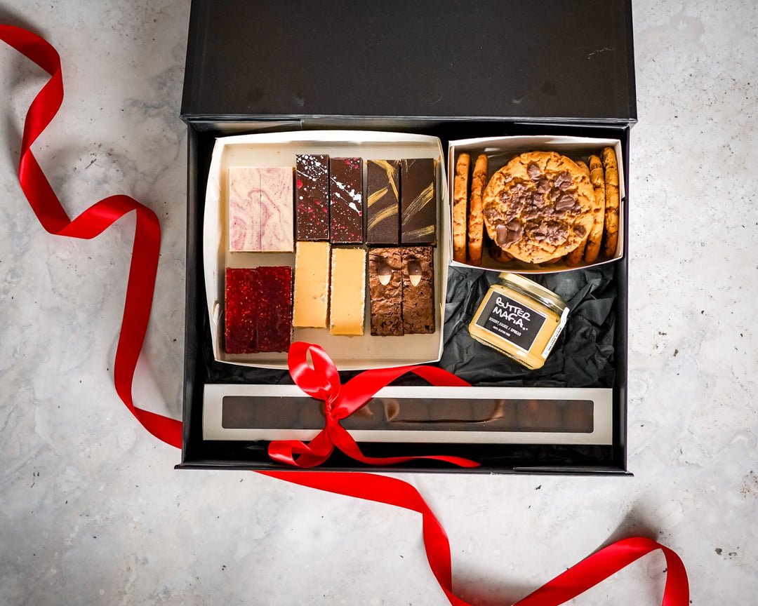 The Mafia Family Gift Box. Luxury Gourmet Gluten Free Hamper Gift Box Dessert Box. Completely Gluten Free. Safe for Coeliacs. Dedicated Gluten Free Kitchen. Northcote Dessert Shop. Inner North Gluten Free Bakery.