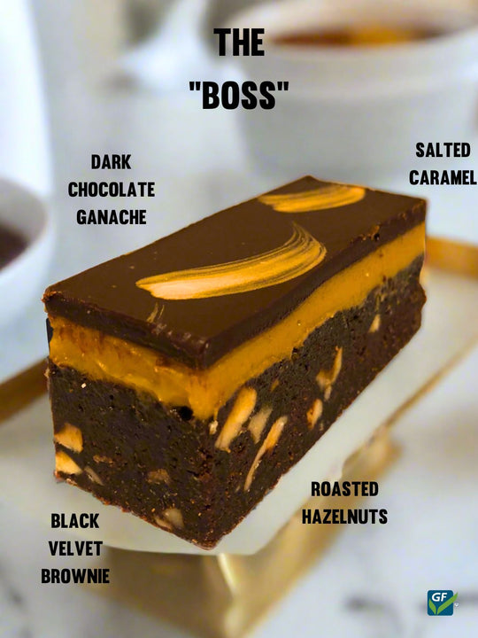 The Boss Gluten Free Dessert Image with Descriptions 100% Gluten Free Bakery Decadent Desserts Gluten Free Brownie Salted Caramel