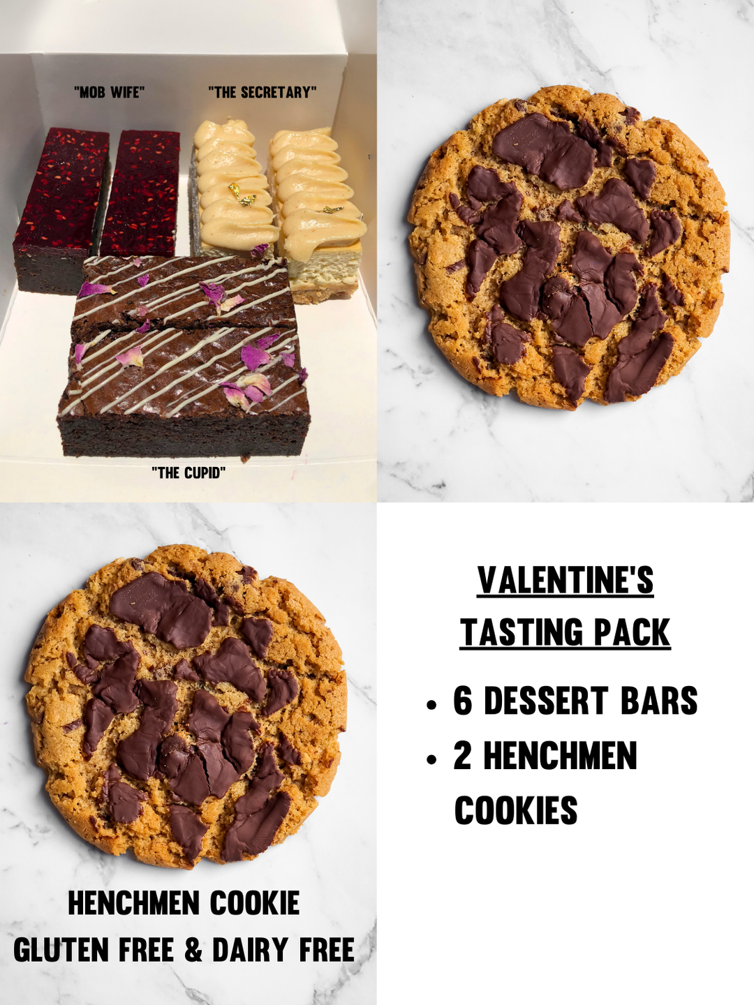 Valentine's Day Dessert Box featuring six gluten free dessert bars and two dairy free Henchmen Cookies: chocolate mud cake with raspberry pate, rose petal brownies, and cheesecake bars