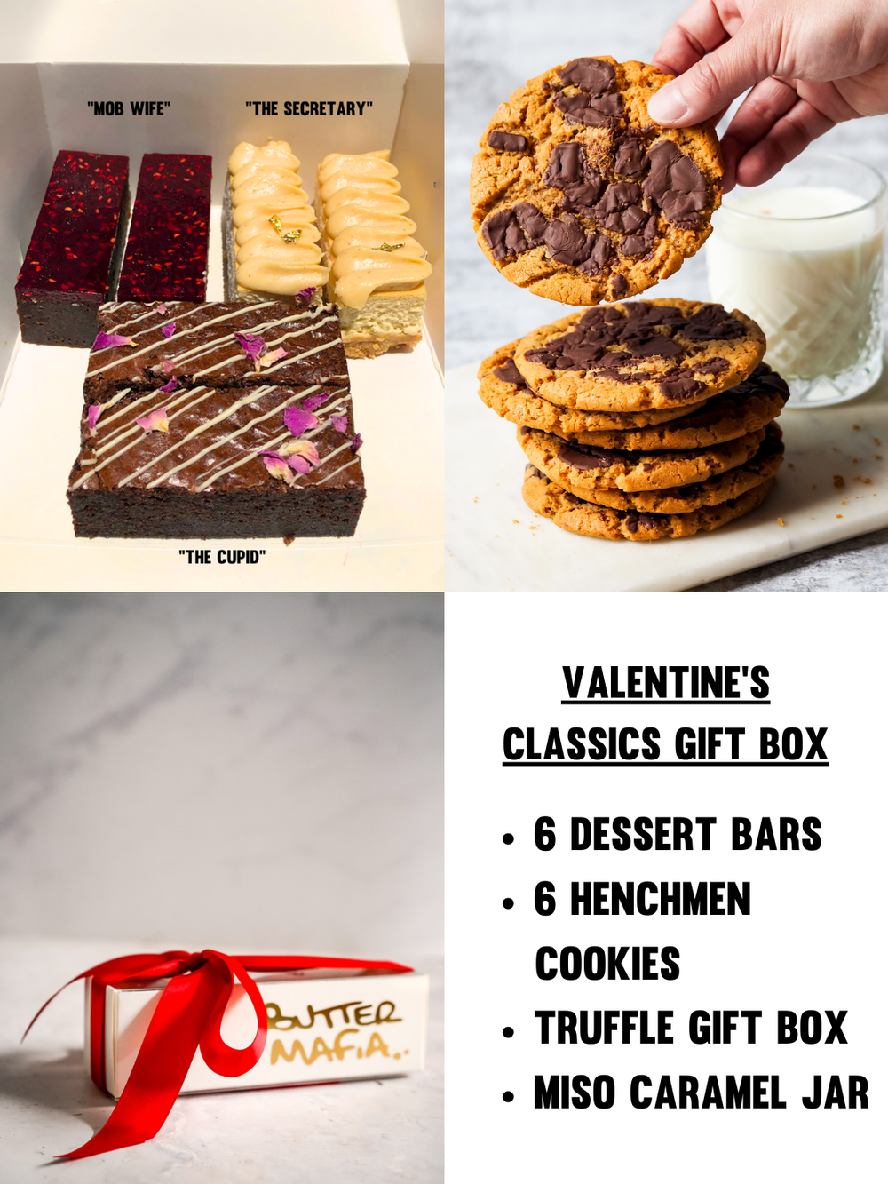 Luxury Hamper Box with Elegant Ribbon Gluten Free Desserts Hamper Gift Box Valentine's Classics Gift Box: six dessert bars, six cookies, four piece truffle gift box and miso caramel sauce presented in matte black box with satin ribbon