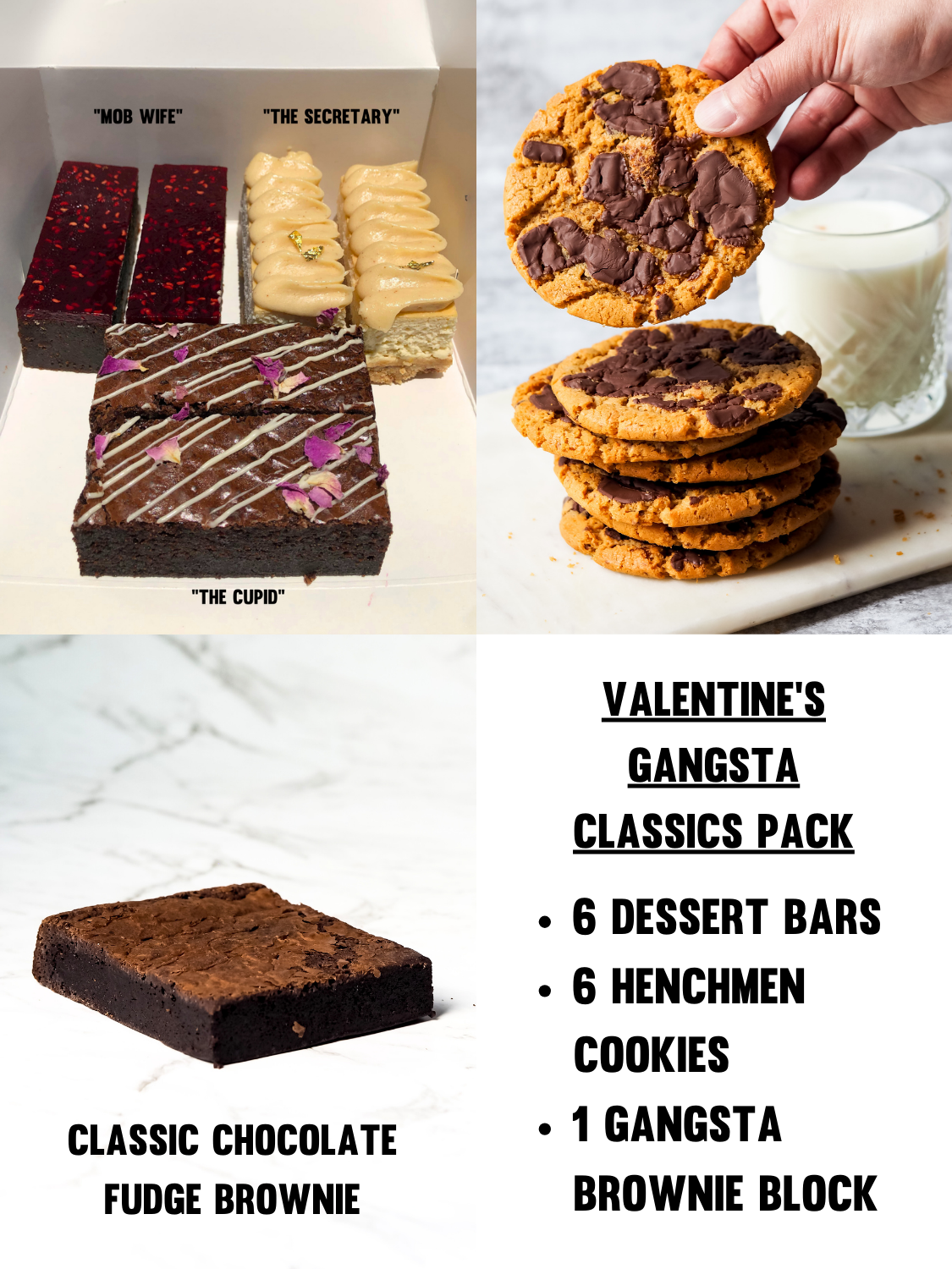 Valentine's Day Gluten Free Desserts - Classics Pack: six dessert bars (Mob Wife, The Cupid, Secretary), six Henchmen cookies, and The Gangsta Brownie Block 100% Gluten Free