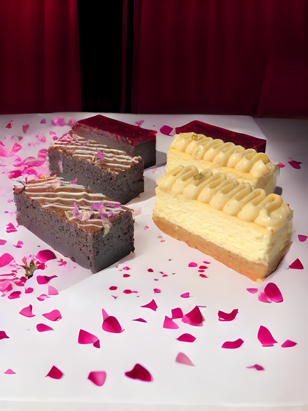 Valentine's Day Dessert Box featuring six gluten free dessert bars: chocolate mud cake with raspberry pate, rose petal brownies, and cheesecake bars